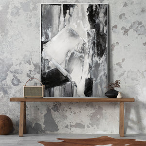 "Contrasting Reflections" Black White Art Hand-Painted Abstract Canvas Artwork with Frame 