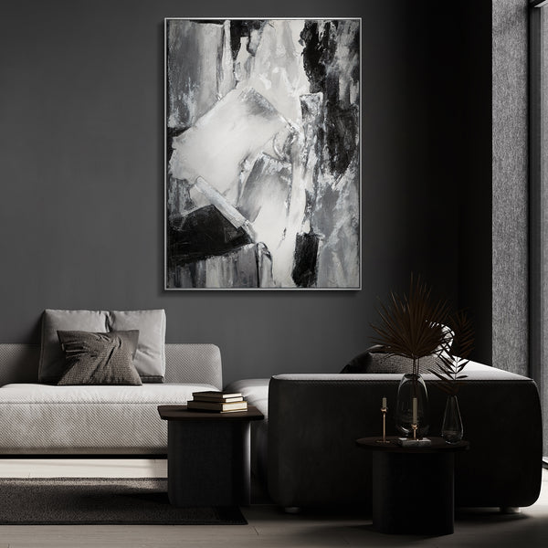 "Contrasting Reflections" Black White Art Hand-Painted Abstract Canvas Artwork with Frame 