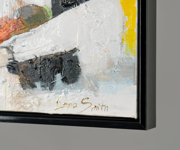 Unique Hand-Painted City Art "Sunshine Houses" – Canvas Painting with Golden Details