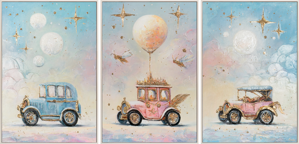 Hand-Painted Canvas Wall Art – Vintage Car Triptych for Kids Room Decor