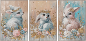 Hand-Painted Canvas Wall Art for Kids – Bunny Triptych with Floral Accents
