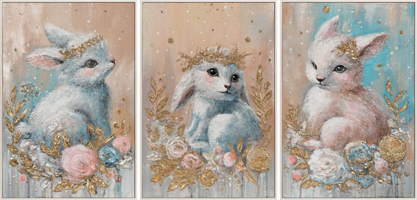Hand-Painted Canvas Wall Art for Kids – Bunny Triptych with Floral Accents