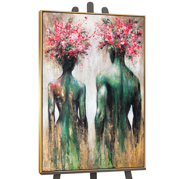 Modern Canvas Painting "Flower Silhouettes" – Abstract Art with Gold Frame
