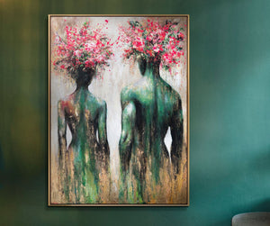 Modern Canvas Painting "Flower Silhouettes" – Abstract Art with Gold Frame
