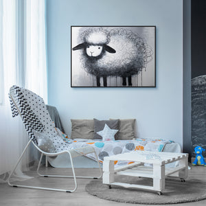 Acrylic Painting with Frame "Happy Sheep" – Decoration for Children's Room and Living Space
