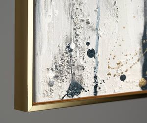 Abstraktes Leinwandbild mit Rahmen „Energie der Linien“ – monochrome Kunst mit Gold