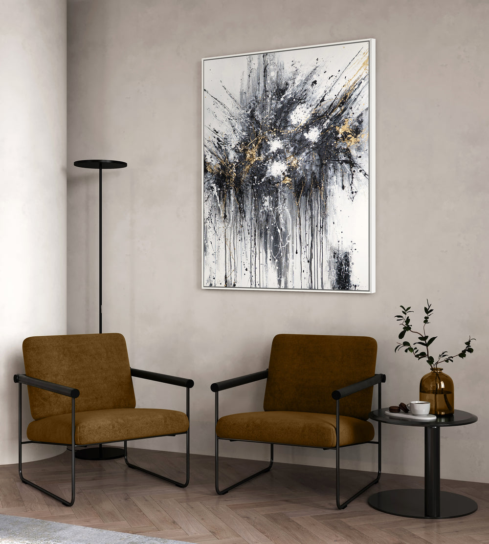 Abstraktes Leinwandbild mit Rahmen „Energie der Linien“ – monochrome Kunst mit Gold