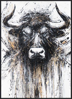 Hand-painted Painting with Frame "Strength in Black and Gold" – Majestic Bull Frontal