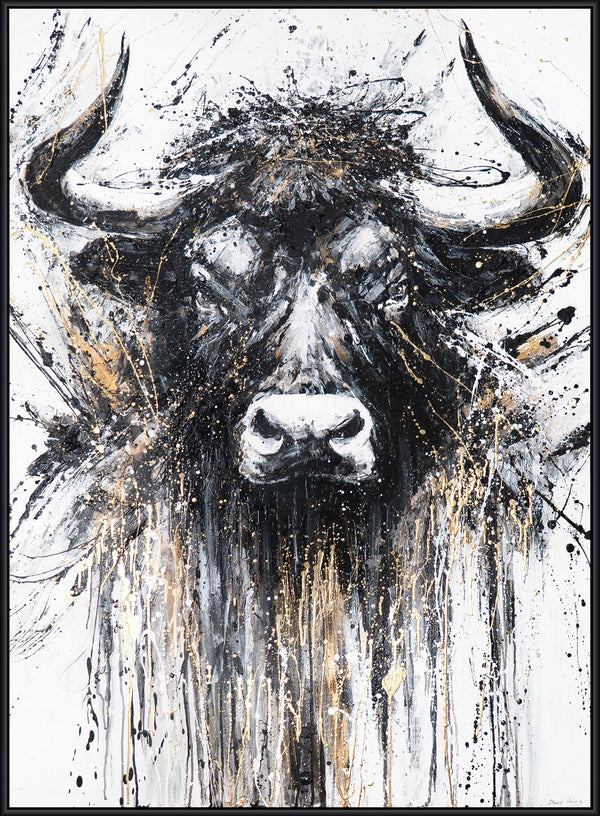 Hand-painted Painting with Frame "Strength in Black and Gold" – Majestic Bull Frontal