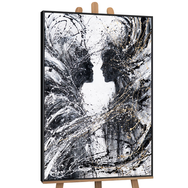 Monochrome Acrylic Painting with Frame "Two Faces" – Emotional Wall Art on Canvas
