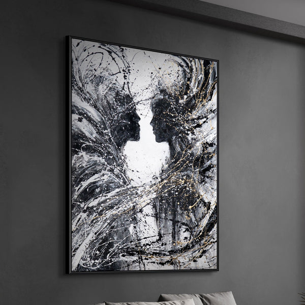 Monochrome Acrylic Painting with Frame "Two Faces" – Emotional Wall Art on Canvas
