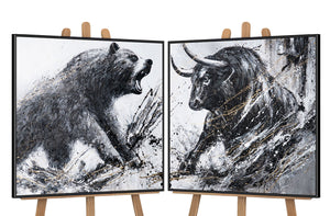 Hand-painted Diptych with Bull & Bear with Frame – Office Wall Decor
