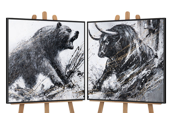 Hand-painted Diptych with Bull & Bear with Frame – Office Wall Decor
