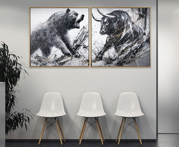 Hand-painted Diptych with Bull & Bear with Frame – Office Wall Decor
