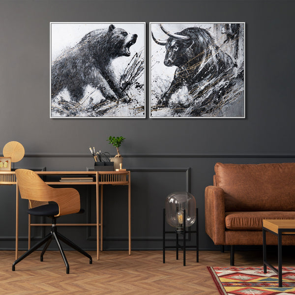 Hand-painted Diptych with Bull & Bear with Frame – Office Wall Decor

