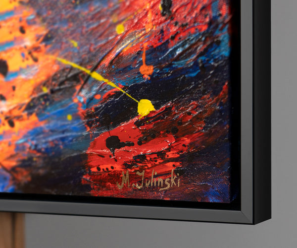 Wandbild auf Leinwand mit Rahmen „Glühende Pfade im Herbstwald“ – handgemalt mit Struktur