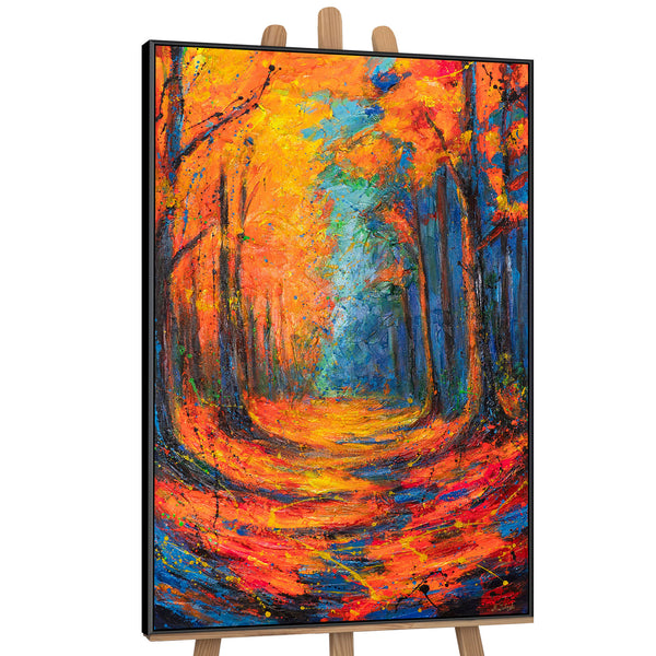 Wandbild auf Leinwand mit Rahmen „Glühende Pfade im Herbstwald“ – handgemalt mit Struktur