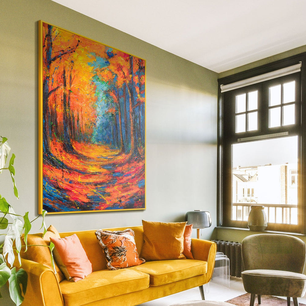 Wandbild auf Leinwand mit Rahmen „Glühende Pfade im Herbstwald“ – handgemalt mit Struktur
