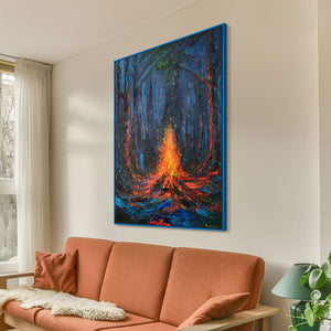 Wandbild auf Leinwand mit Rahmen „Feuerfunken“ – handgemalte Nachtlandschaft