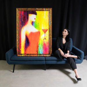 Abstract painting on canvas with frame Abstract colorful picture “The Woman with the Glass”