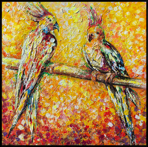 Abstract birds painting with frame "Sun parrots" 35x35 inch