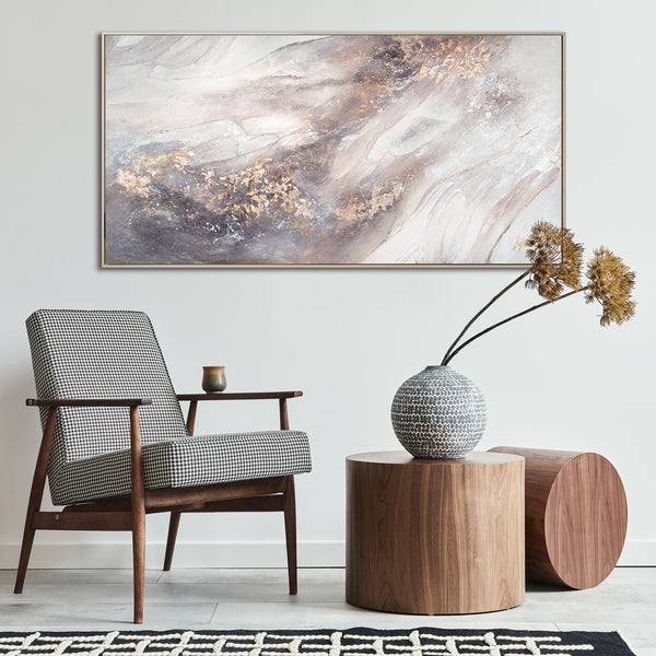 Abstract canvas painting with golden accents – acrylic painting in soft shades of grey and white