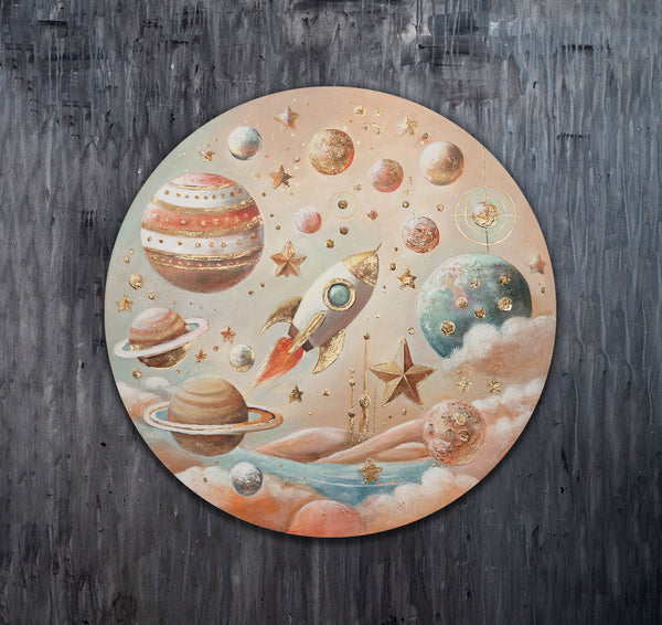 Round Canvas Painting "Star Flight" – Acrylic Galaxy Art for Kids Room