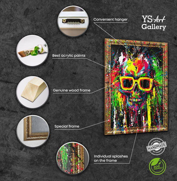 Modern Art with Frame "Neon Splashes" Handmade Canvas Paintings