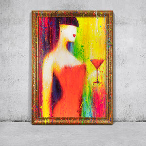 Abstract painting on canvas with frame Abstract colorful picture “The Woman with the Glass”