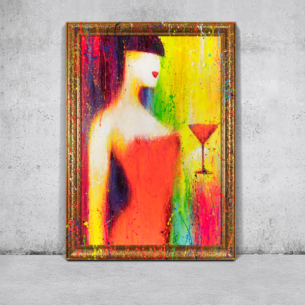 Abstract painting on canvas with frame Abstract colorful picture “The Woman with the Glass”