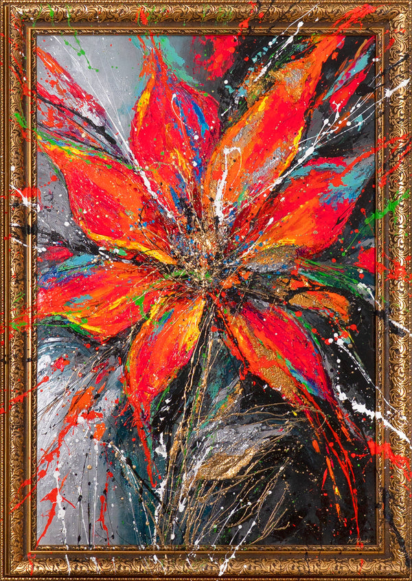 Color Explosion on Canvas – Modern Painting with Frame „Power of the Blossom“