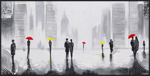 Abstract Hand-Painted Acrylic Art with Black Frame – People with Umbrellas in the City