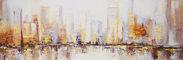 Canvas Painting „Morning in Megapolis“ – Abstract Megacity in Warm Tones, Acrylic Art