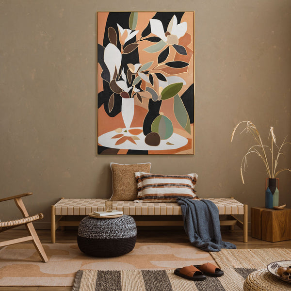 Abstraktes Blumen Gemälde auf Leinwand im modernen Wohnzimmer