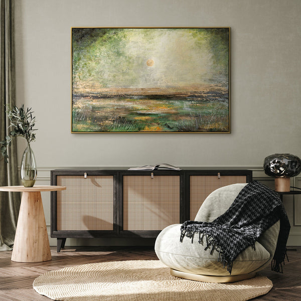 Grünes Naturbild mit Acrylstruktur als Wanddeko im Wohnzimmer