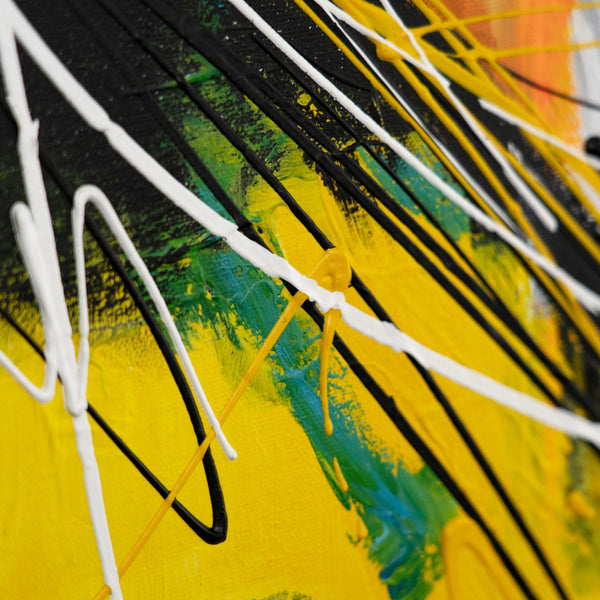 Detail mit gelben und weißen Linien im abstrakten Porträtgemälde