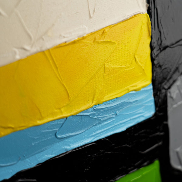 Detailansicht abstrakte Acrylmalerei mit blauer und schwarzer Form