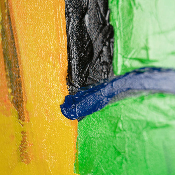 Nahaufnahme Acrylfarbe in Gelb, Grün und Blau, abstrakte Kunst