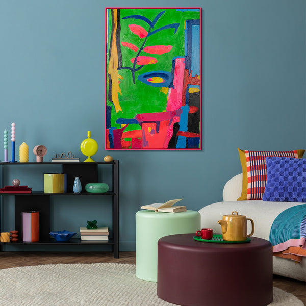 Acrylbild abstrakt modern auf Leinwand, florale Formen in Neonpalette