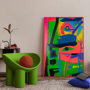 Abstraktes Acrylbild in Pink und Grün als Wanddeko im Wohnraum