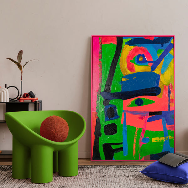 Abstraktes Acrylbild in Pink und Grün als Wanddeko im Wohnraum
