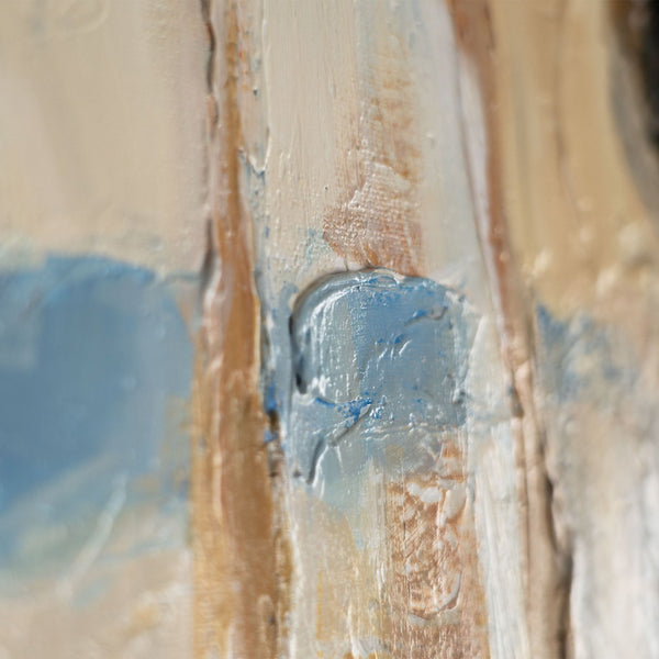 Moderne abstrakte Kunst mit Blau- und Beigetönen auf Leinwand