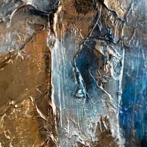 Nahaufnahme abstrakter Textur in Blau und Weiß auf Leinwand
