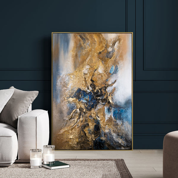 Wandbild Acryl abstrakt in Gold und Blau – moderne Raumdeko