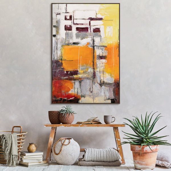 Acrylbild modern in Orange und Gelb – Wanddeko im Wohnzimmerinterieur