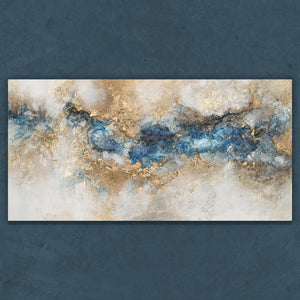 Abstraktes Leinwandbild in Gold und Blau mit strukturierter Oberfläche