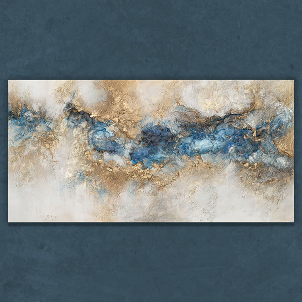 Abstraktes Leinwandbild in Gold und Blau mit strukturierter Oberfläche