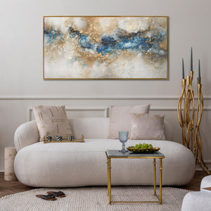 Wandbild Gold und Blau im Wohnzimmer – abstraktes Acrylbild modern