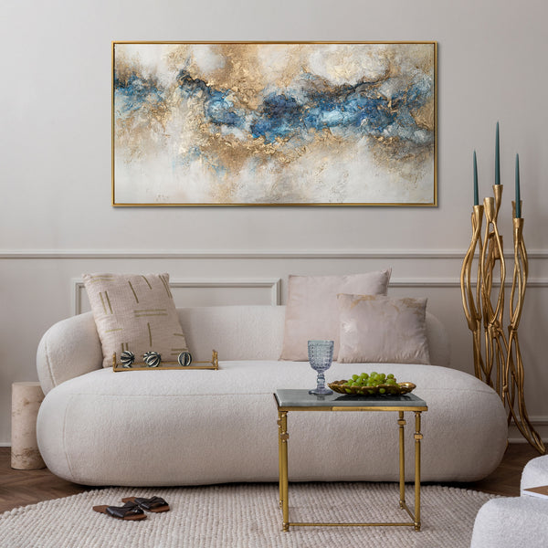 Wandbild Gold und Blau im Wohnzimmer – abstraktes Acrylbild modern