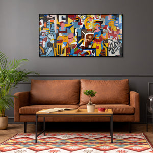 Buntes Pop-Art Gemälde mit Figuren – Wandbild im modernen Wohnzimmer